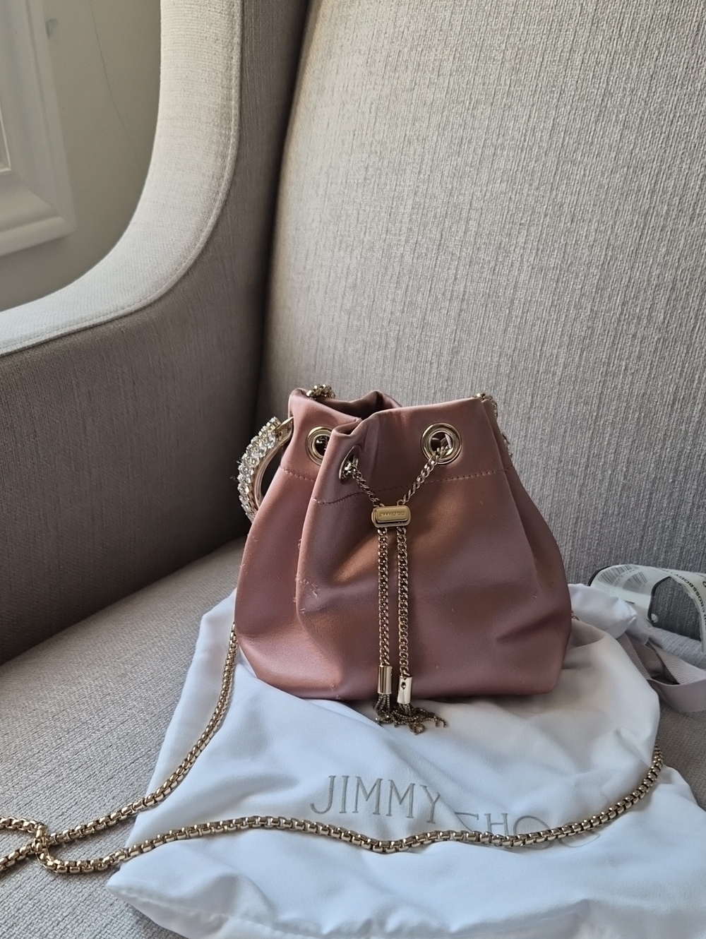 Jimmy Choo bon bon Dusty Rose Satin Drawstring Bucket Bag